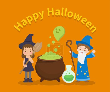 Téléchargez les illustrations : Costumes d'Halloween pour enfants mignons et ludiques, sorcières et sorcières et chaudrons, potions toxiques bouillantes - en licence libre de droit