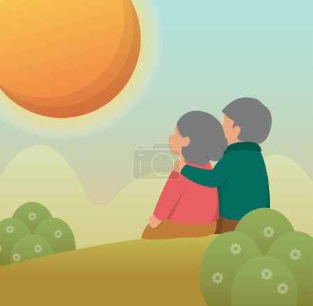 Téléchargez les illustrations : Couple âgé assis sur une colline au crépuscule, illustration vectorielle de bande dessinée - en licence libre de droit