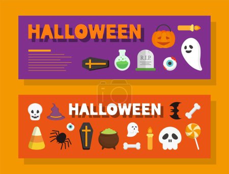 Illustration for Halloween posters set, horror elements with jack-o-lanterns and ghosts and poison and spiders and graves and coffins, vector flat design - Royalty Free Image