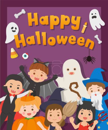 Illustration for Poster for halloween, kids dressed as ghosts, horror elements with bats and ghosts and vampires and witches and pumpkins, vector flat design - Royalty Free Image