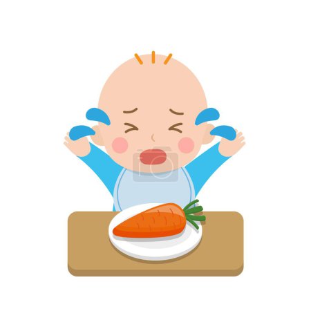 Téléchargez les illustrations : Bébé mignon refusant de manger, en colère et pleurant, la vie quotidienne, illustration vectorielle ou icône - en licence libre de droit