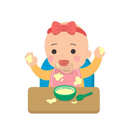 Téléchargez les illustrations : Mignon bébé manger, saisir de la nourriture avec les doigts, table à manger salissante, la vie quotidienne, illustration vectorielle ou icône - en licence libre de droit