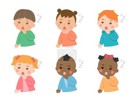 Illustration for Cute children sleepy or tired or want to sleep, different race and skin color, vector illustration in cartoon style - Royalty Free Image