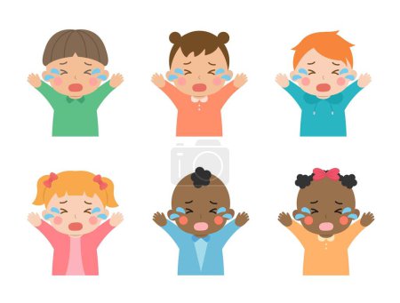 Ilustración de Lindos niños llorando o triste o caprichoso, diferente raza y color de la piel, ilustración vectorial en estilo de dibujos animados - Imagen libre de derechos