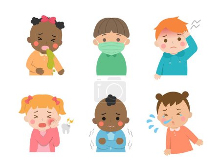 Ilustración de Enfermedad o infección infantil o dolor o frío o escalofríos, diferentes razas y colores, ilustración vectorial en estilo de dibujos animados - Imagen libre de derechos