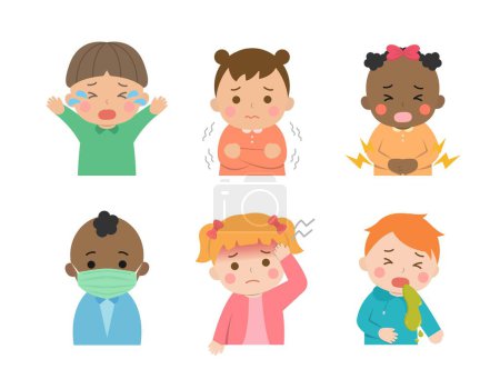 Illustration for Child disease or infection or pain or cold or shivering or vomiting, different races and colors, vector illustration in cartoon style - Royalty Free Image