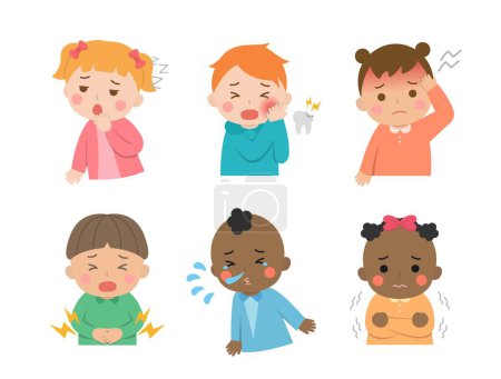Illustration for Child disease or tired or toothache or fever or infection or pain or cold or shivering, different races and skin colors, vector illustration in cartoon style - Royalty Free Image