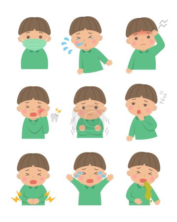 Lindos niños enfermedad o dolor o infección por virus conjunto, vómitos o frío o frío o fiebre, ilustración vectorial en estilo de dibujos animados