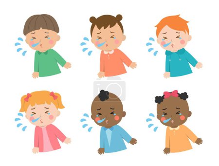 Ilustración de Niños lindos con estornudos o secreción nasal o alergia o infección, diferentes razas y colores de la piel, ilustración vectorial en estilo de dibujos animados - Imagen libre de derechos