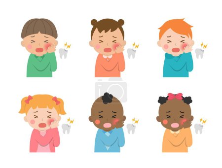 Illustration for Cute children with toothache or neuralgia or tooth decay, different races and skin colors, vector illustration in cartoon style - Royalty Free Image