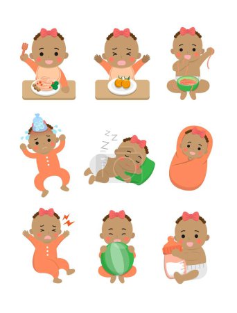 Téléchargez les illustrations : 9 types de jeu de style de vie quotidien du bébé, manger des nouilles et des mangeurs coriaces et malades et de la fièvre et bruyant et dormir et envelopper, personnages vectoriels d'illustration - en licence libre de droit