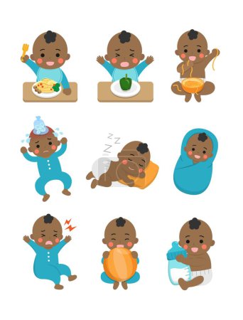 Illustration for 9 kinds of baby's daily life style set, eating noodles and picky eaters and sick and fever and noisy and sleeping and wrapping, vector illustration characters - Royalty Free Image
