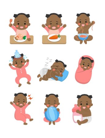 Ilustración de 9 tipos de conjunto de estilo de vida diaria del bebé, comer fideos y comedores exigentes y enfermos y fiebre y ruidoso y dormir y envolver, personajes de ilustración vectorial - Imagen libre de derechos