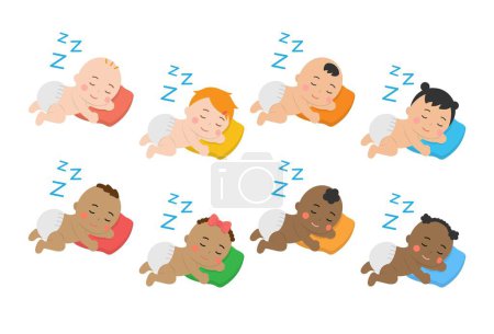 Illustration for Baby daily illustration set, sleeping and dreaming comfortable and peaceful, different races and skin colors, cute and playful vector style illustration - Royalty Free Image