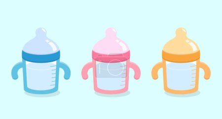 Ilustración de Biberón de plástico con asa para leche o agua potable, azul rosado amarillo, aislado sobre fondo azul, icono vectorial o ilustración - Imagen libre de derechos