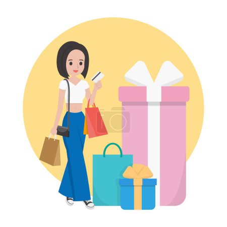 Ilustración de Hermosa mujer de compras, finanzas de tarjetas de crédito oficina vector diseño ilustración de dibujos animados - Imagen libre de derechos