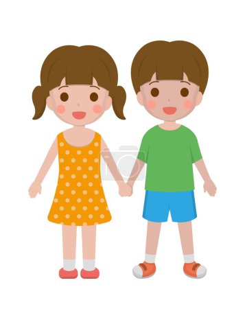 Téléchargez les illustrations : Illustration vectorielle de 2 petits enfants garçon fille tenant la main et souriant - en licence libre de droit