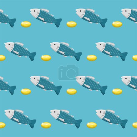 Téléchargez les illustrations : Aliments sains pour poissons d'eau profonde et huile de poisson, fond vectoriel d'illustration continu sans couture - en licence libre de droit