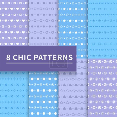 Illustration for Set of 8 vector continuous seamless lace shapes wallpapers in purple and blue colors, can be used for festive posters and backgrounds and invitation cards - Royalty Free Image