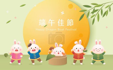 Illustration for 5 cute rabbit mascots with the moon to celebrate the Dragon Boat Festival, a traditional festival in China and Taiwan, Chinese translation: Dragon Boat Festival - Royalty Free Image