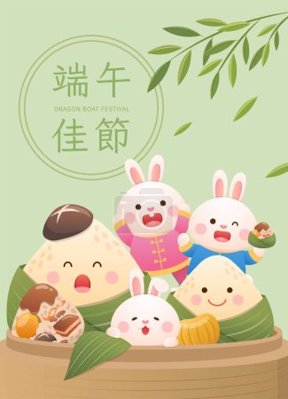 Ilustración de Conejo juguetón con comida hecha de arroz glutinoso, la mascota de Zongzi, traducción china: Dragon Boat Festival - Imagen libre de derechos