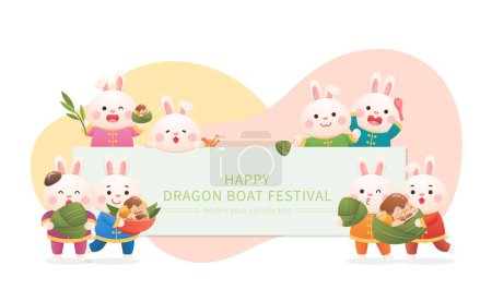 Téléchargez les illustrations : Beaucoup de mascottes mignonnes de lapin avec des panneaux d'affichage célébrant Dragon Boat Festival, un festival traditionnel en Chine et à Taiwan - en licence libre de droit