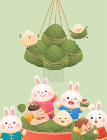 Téléchargez les illustrations : Mascotte ludique de lapin et boulette de riz, affiche verticale du Dragon Boat Festival, nourriture faite à partir d'une ficelle de riz gluant - en licence libre de droit