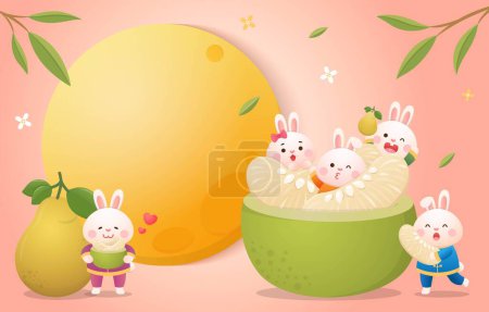 Illustration for Mid-autumn festival poster, beautiful full moon and delicious pomelo and cute rabbit mascot, traditional festival in China and Taiwan - Royalty Free Image