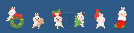 Téléchargez les illustrations : Ensemble de mascotte de personnage de lapin mignon et éléments de Noël, couronne avec boîte cadeau et pain d'épice homme avec arbre de Noël et bas de Noël - en licence libre de droit