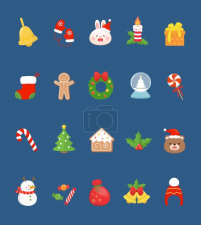 Illustration for 20 Christmas elements, a combination of Christmas stockings, Christmas trees, snowballs, teddy bears, rabbits, wool gloves, bells and gingerbread men, cartoon style icons - Royalty Free Image