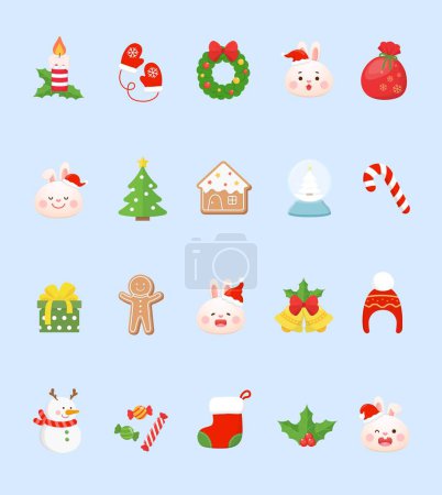 Téléchargez les illustrations : 20 éléments de Noël, une combinaison de bas de Noël, d'arbres de Noël, de boules de neige, de lapins, d'hommes en pain d'épice, de houx, de coffrets cadeaux, de cannes à bonbons et de couronnes - en licence libre de droit