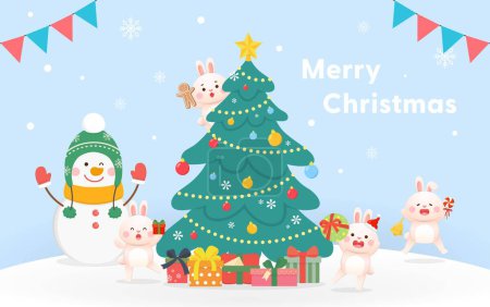 Illustration for Christmas greeting card, cute rabbit and snowman character mascot or friends happy celebration, Christmas tree and gift box, Happy Christmas and New Year, vector cartoon style - Royalty Free Image