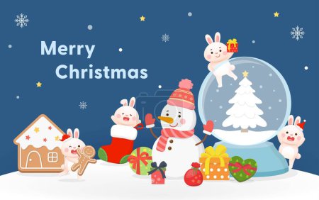 Ilustración de Tarjeta de felicitación de Navidad, conejo lindo, conejito y muñeco de nieve celebrando felizmente, bola de nieve, caja de regalo y copos de nieve, Feliz Navidad y Año Nuevo, tarjeta de felicitación vectorial y tarjeta de invitación - Imagen libre de derechos
