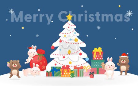 Téléchargez les illustrations : Sapin de Noël blanc avec ours en peluche mignon et lapin réunis pour célébrer Noël, plein de cadeaux dans la forêt la nuit, vœux vectoriels et carte d'invitation - en licence libre de droit
