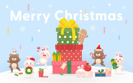 Téléchargez les illustrations : Boîtes cadeaux empilées avec lapin et ours mignon, éléments vectoriels de Noël, voeux de Noël et cartes d'invitation - en licence libre de droit