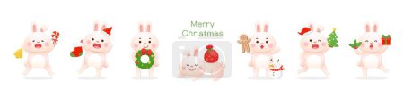Téléchargez les illustrations : Ensemble de mascottes de personnage de lapin mignon avec des éléments de Noël, peut être utilisé pour les cartes de vœux, cartes d'invitation, pain d'épice homme avec arbre de Noël et couronne - en licence libre de droit