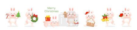 Téléchargez les illustrations : Ensemble de mascottes de personnage de lapin mignon avec des éléments de Noël, peut être utilisé pour les cartes de vœux cartes d'invitation, cadeaux avec des cannes à bonbons avec des cloches et arbre de Noël - en licence libre de droit