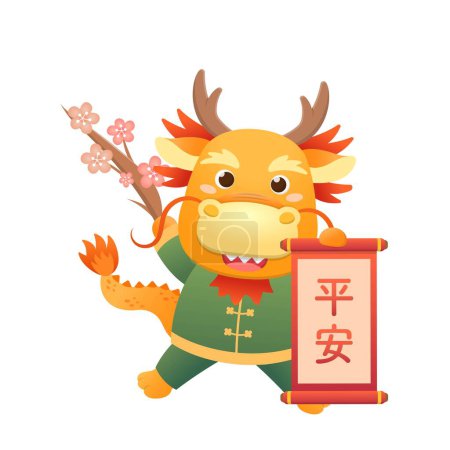 Ilustración de Personaje de dragón chino juguetón y lindo o mascota, animal mitológico, personaje de dibujos animados vectoriales para el Año Nuevo Chino, traducción: paz - Imagen libre de derechos