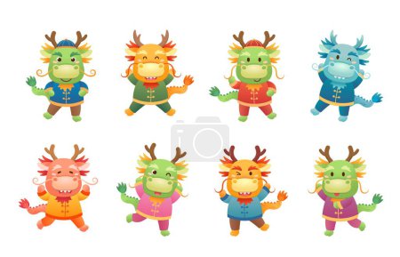 Ilustración de Lindo personaje de dragón chino o mascota con Año Nuevo Chino, Año del Dragón, estilo lúdico y divertido de dibujos animados, conjunto de vectores - Imagen libre de derechos
