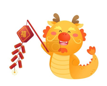 Illustration for Playful and cute dragon character or mascot with firecrackers, Chinese mythological animal, vector cartoon character for Chinese New Year, translation: blessing - Royalty Free Image