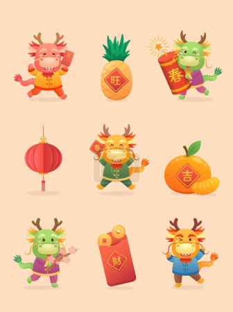 Ilustración de Conjunto de personajes de dragón chino lindo o mascotas, personajes de dibujos animados juguetones y lindos, elementos vectoriales para el Año Nuevo Chino, traducción: prosperidad - Imagen libre de derechos