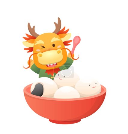 Illustration for Cute and playful dragon character or mascot with glutinous rice balls for Lantern Festival or Winter Solstice, Asian sticky rice sweet food, vector cartoon style - Royalty Free Image