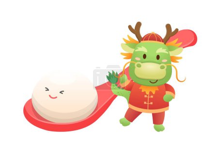 Téléchargez les illustrations : Personnage de dragon mignon ou mascotte, boulette de riz gluant avec des boules de riz gluant pour festival de lanternes ou solstice d'hiver, riz gluant asiatique nourriture sucrée, style dessin animé vectoriel - en licence libre de droit