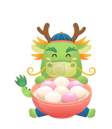 Ilustración de Lindo personaje de dragón o mascota, bola de arroz glutinoso con bolas de arroz glutinoso para el Festival de la Linterna o el Solsticio de Invierno, comida dulce de arroz pegajoso asiático, estilo de dibujos animados vectoriales - Imagen libre de derechos