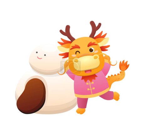 Ilustración de Lindo y juguetón personaje de dragón o mascota con bolas de arroz glutinoso para Festival de la Linterna o Solsticio de Invierno, comida dulce de arroz pegajoso asiático, estilo de dibujos animados vectoriales - Imagen libre de derechos
