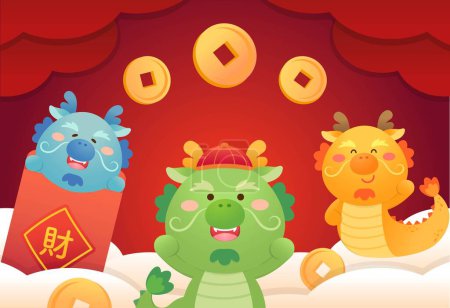 Illustration for Chinese New Year with cute dragon character or mascot, New Year element and poster design, mythological animal, translation: fortune - Royalty Free Image