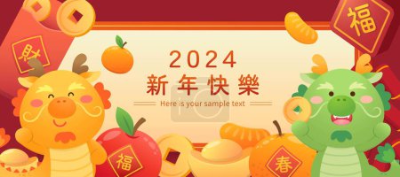 Illustration for Chinese New Year elements, red paper package with gold coins and playful and cute dragon mascot, vector poster, translation: Happy New Year - Royalty Free Image