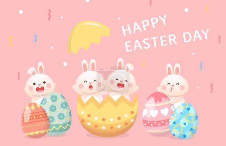 Ilustración de Pascua con linda mascota de conejo juguetón, huevos coloridos, tarjeta de invitación y póster, ilustración vectorial - Imagen libre de derechos