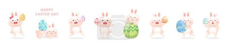 Téléchargez les illustrations : 8 mascottes ou personnages de lapin mignons et ludiques, oeufs de Pâques colorés, illustration vectorielle - en licence libre de droit