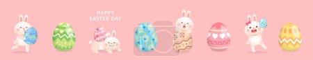 Illustration for Set of cute and playful rabbit mascots or characters, colorful easter eggs, vector illustration - Royalty Free Image